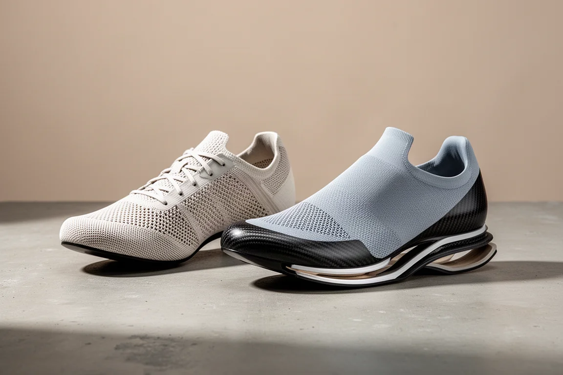 Two lightweight carbon racing shoes side by side on a concrete surface