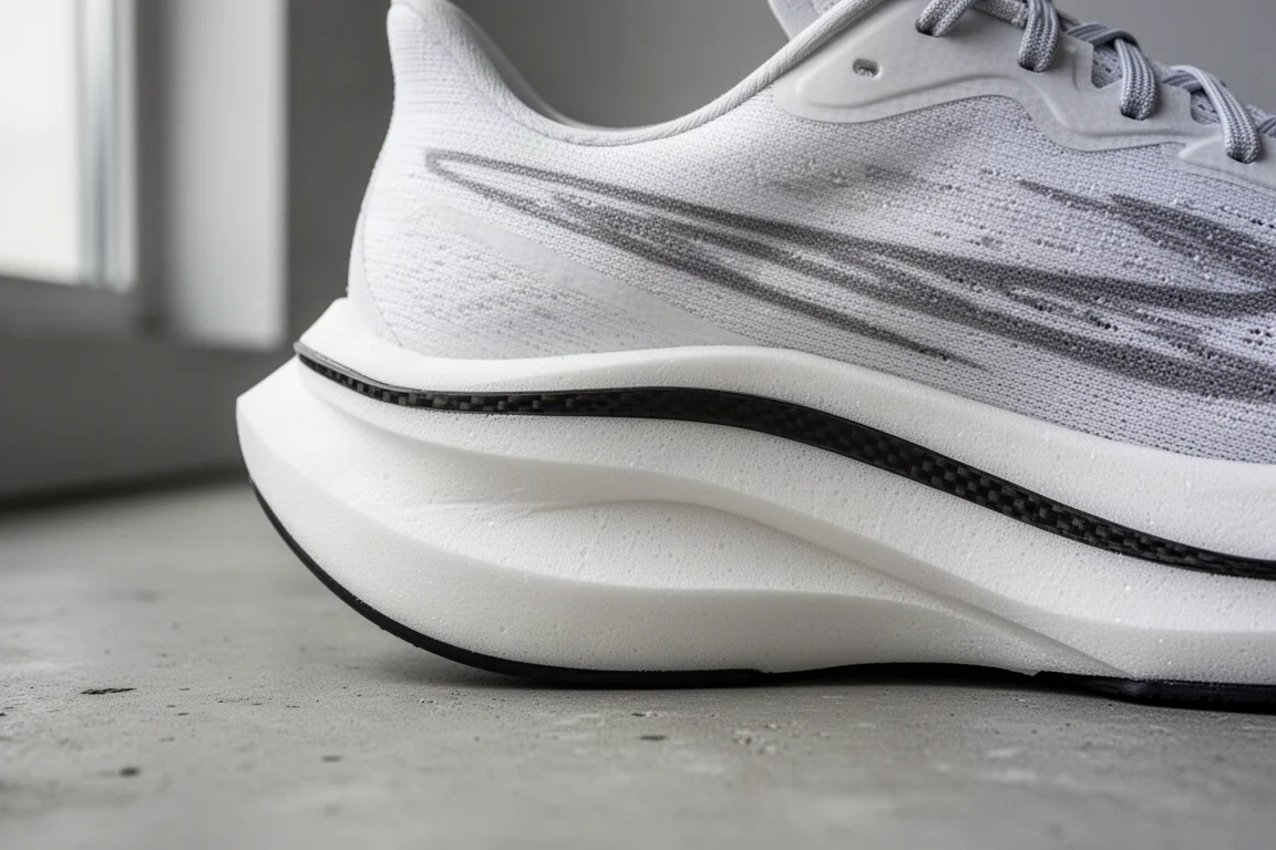 Close-up van een hoge witte ZoomX-schokdempende tussenzool en de rand van een carbonplaat op een wedstrijdschoen