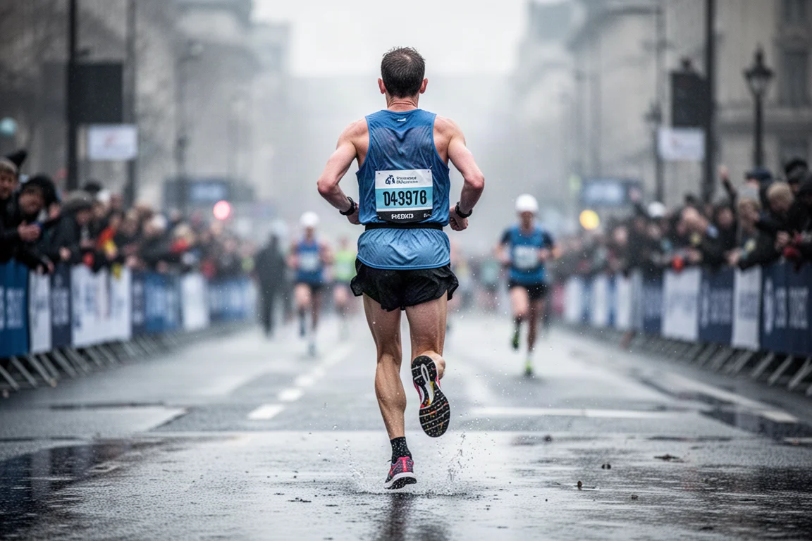 Marathonloper op een natte stadsstraat in de laatste fase van een wedstrijd