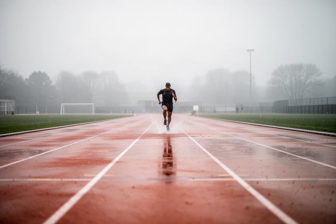 Atleet loopt herhalingen op een natte buitenbaan onder een bewolkte lucht