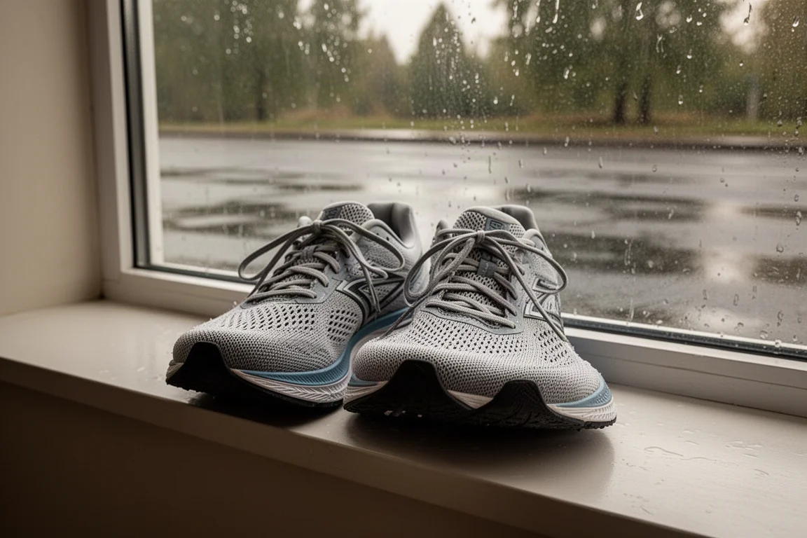 Paar wedstrijdschoenen dat bij een raam droogt na een natte loop