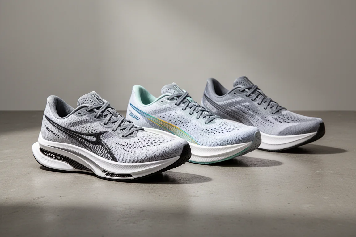 Four generations of Nike Vaporfly racing shoes lined up on a concrete surface