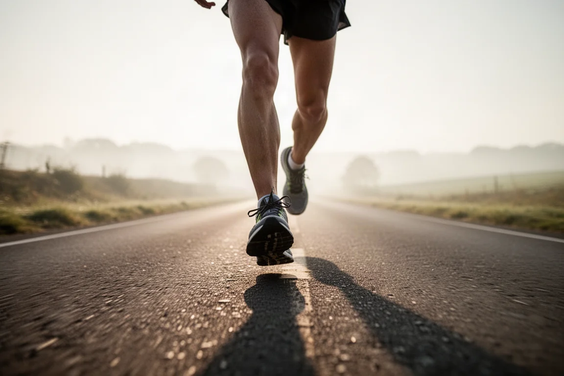 Runner pushing the pace on an open road during a half marathon training session