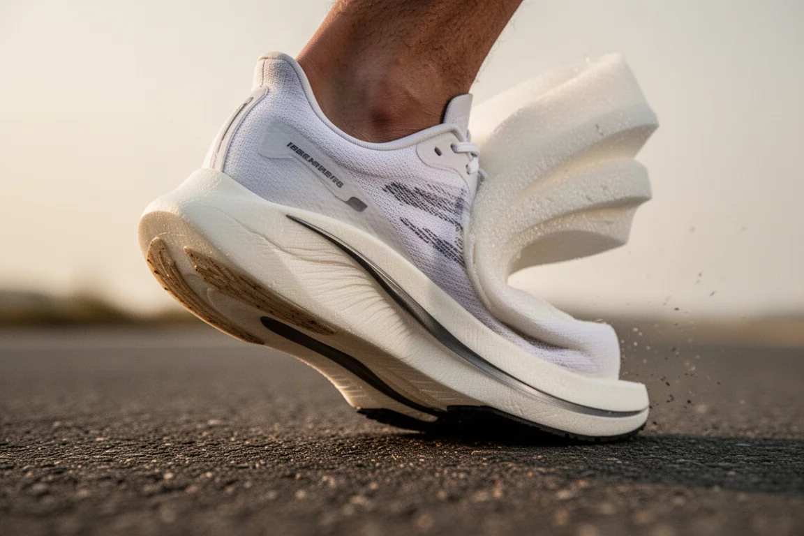 Close-up of a road racing shoe midsole and plate flexing during a downhill stride