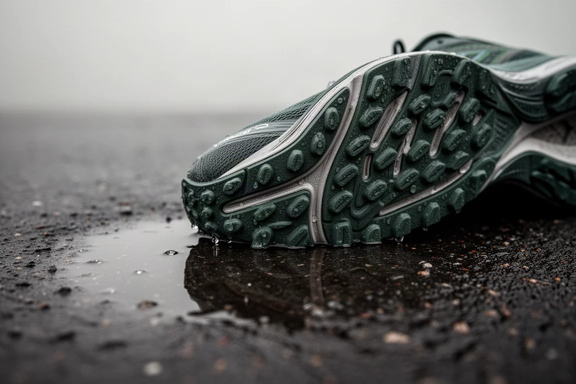 Running shoe outsole with grippy rubber forefoot on wet pavement