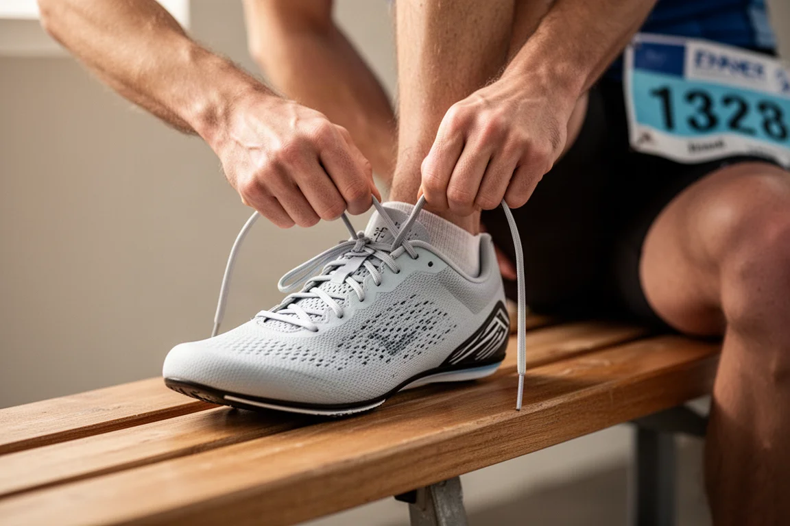 Runner lacing up a road racing shoe tight at the heel counter before a race