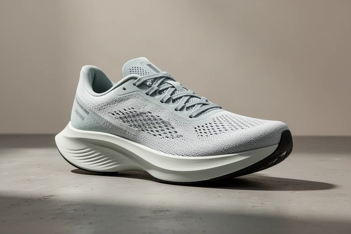 Lightweight road racing shoe with thick curved midsole on concrete surface