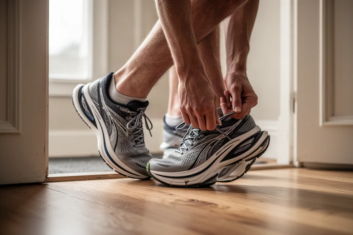 Un corridore allaccia un paio di scarpe da gara leggere prima di un allenamento