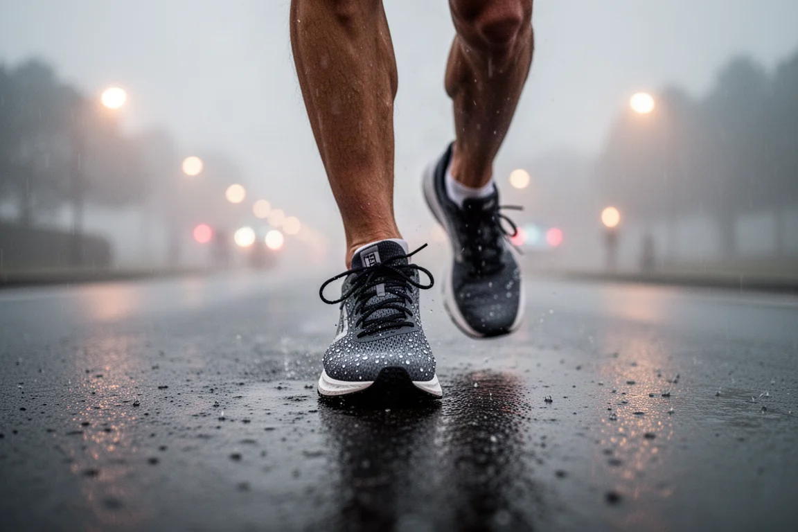I piedi di un corridore in corsa su asfalto bagnato durante una mattina di gara piovosa