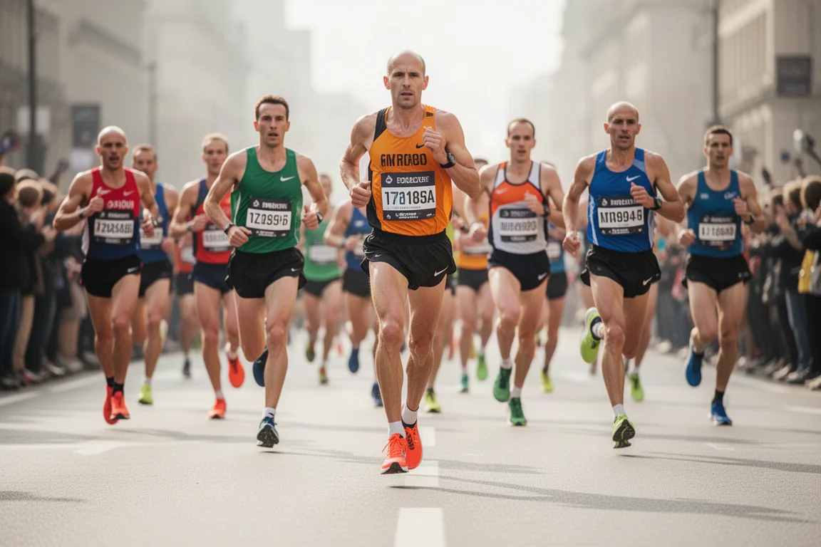 Corridori in gara lungo una via cittadina nel bel mezzo di una maratona