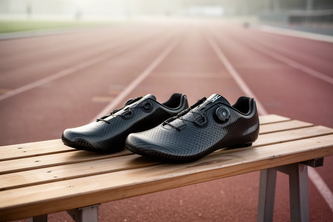 Zwei Wettkampfschuhe nebeneinander auf einer Bank am Sportplatz vor dem Training