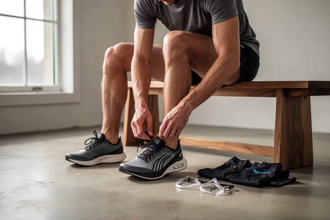 Runner lacing up a lightweight carbon plate racing shoe before a run