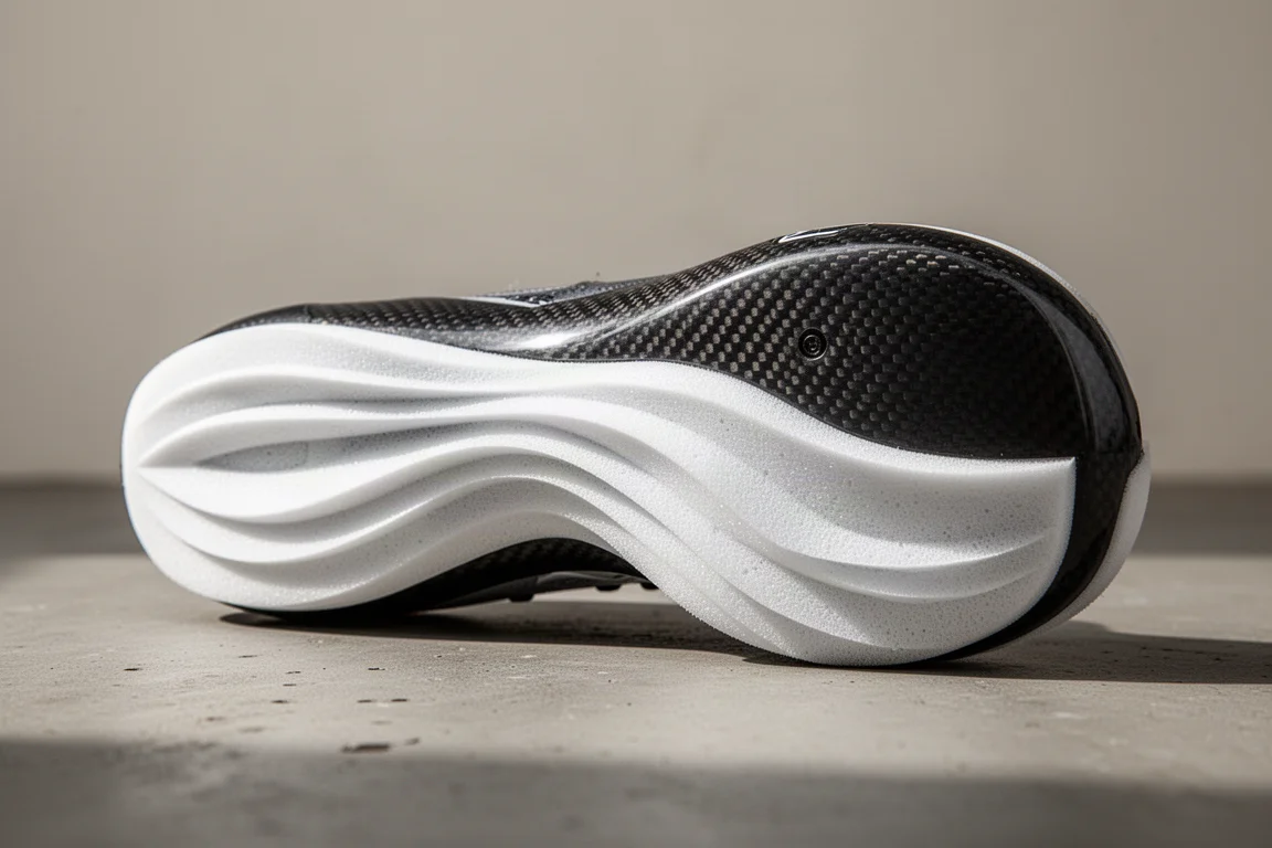 Close-up of a carbon plate racing shoe midsole showing foam stack and rocker geometry