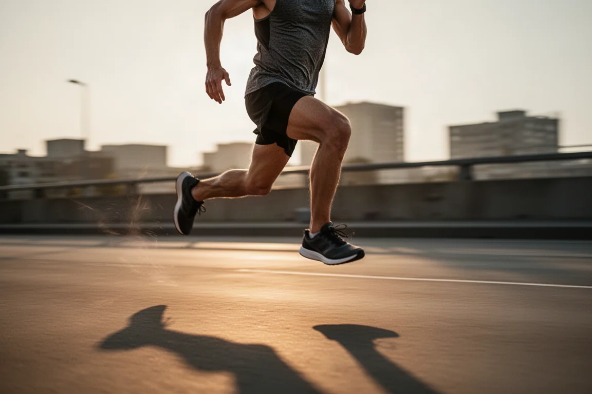 Runner pushing the pace on a city road during a hard interval session