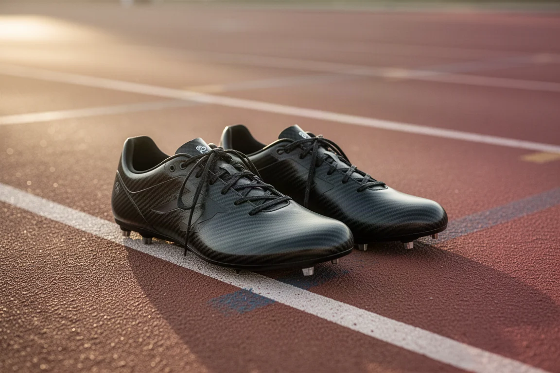 Two racing shoes placed side by side on a track edge after a training session
