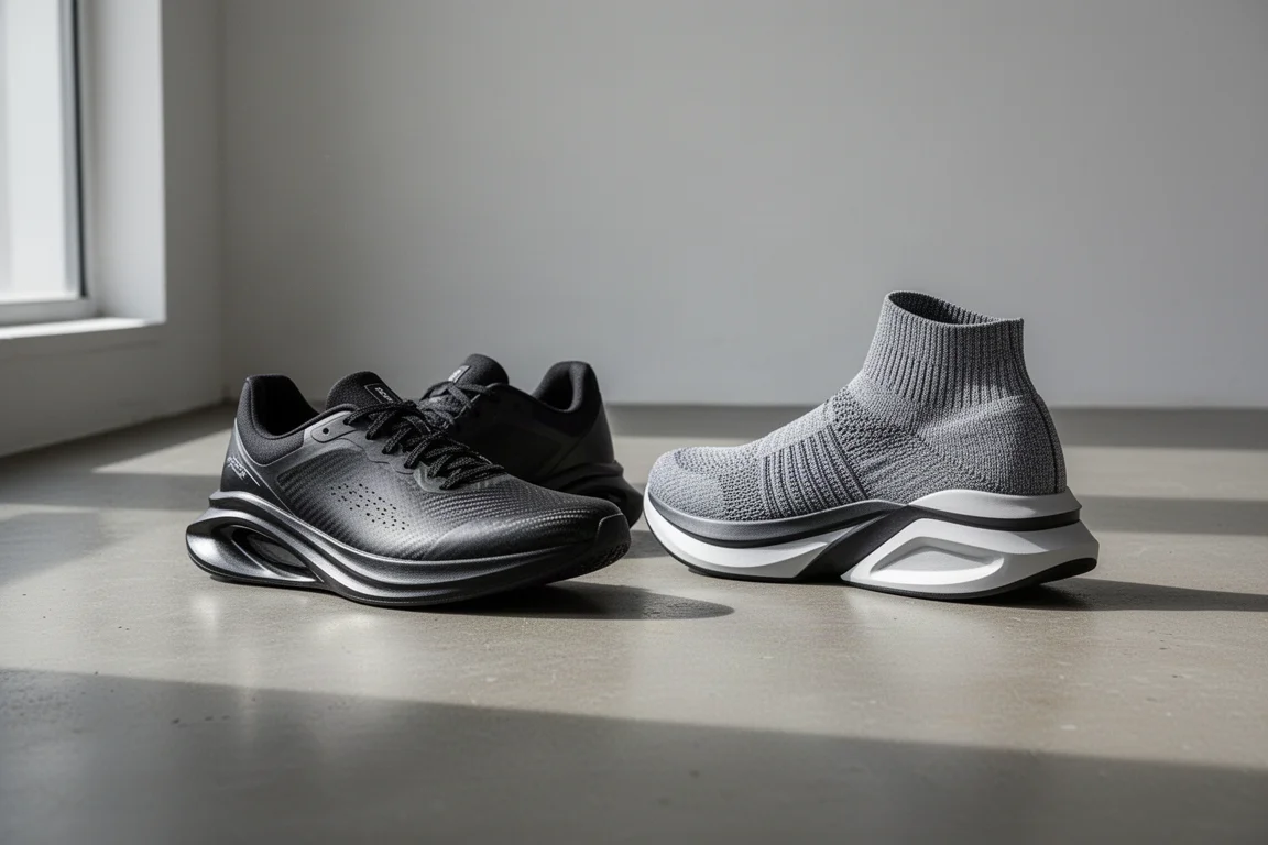 Two carbon plate racing shoes side by side on a concrete studio floor