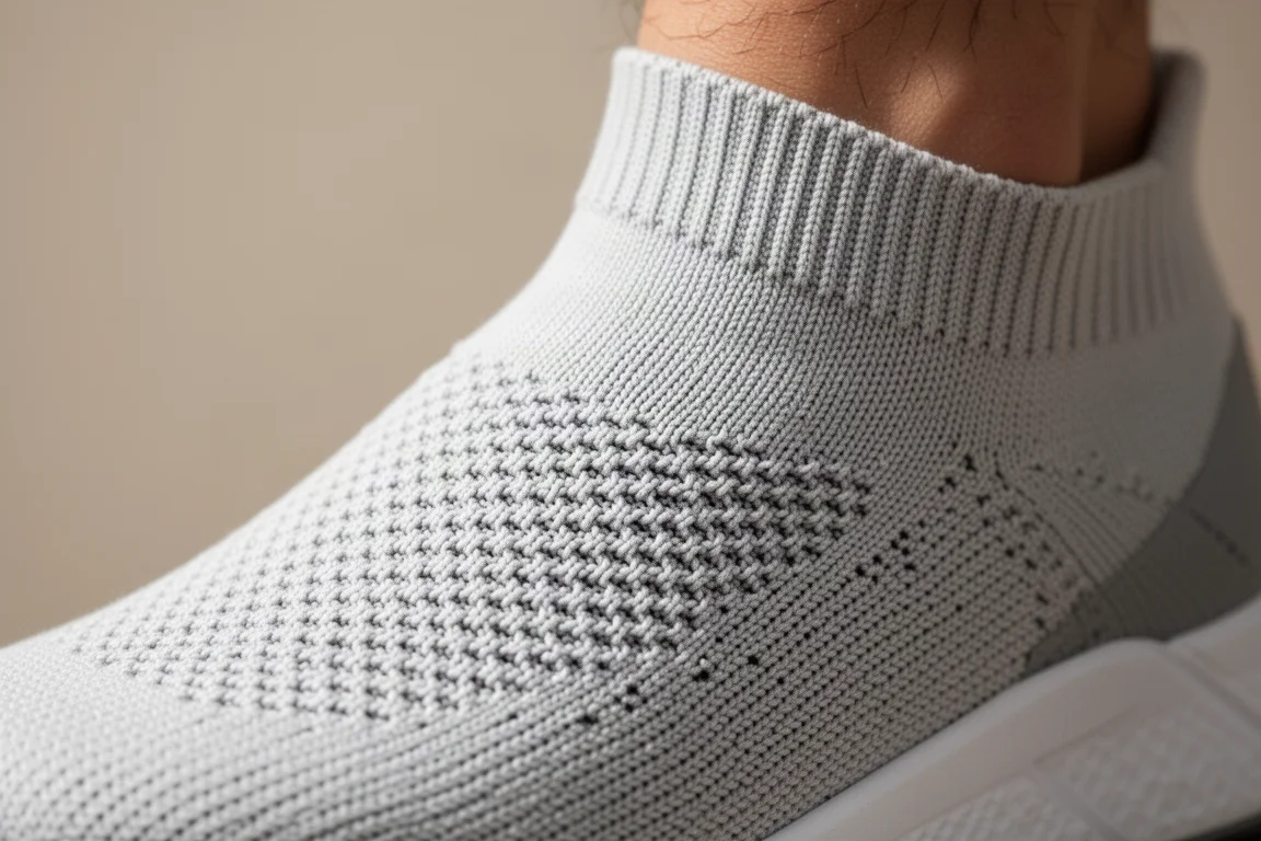 Primer plano de un upper de zapatilla de competición tejido y transpirable mostrando su textura