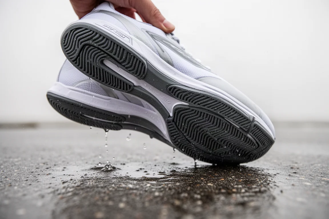 Patrón de goma de la suela exterior de una zapatilla de running mostrando los tacos de agarre sobre pavimento gris