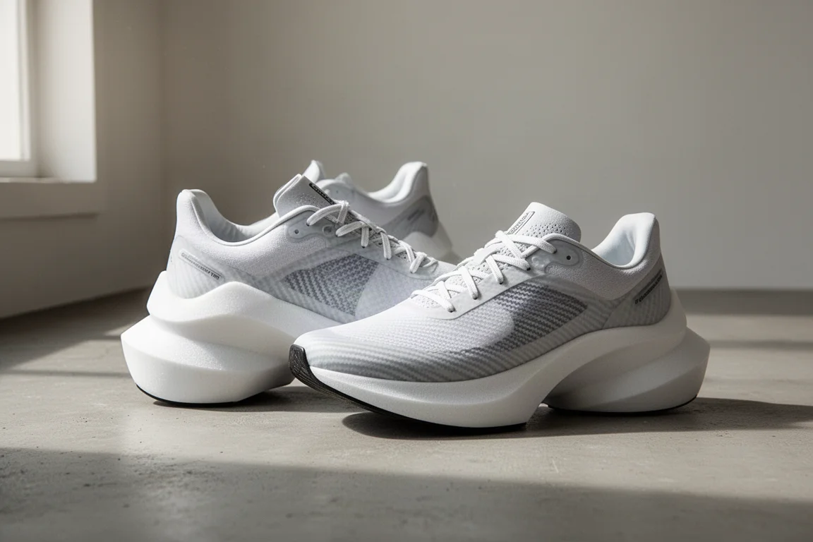 Two carbon-plated racing shoes side by side on a matte concrete surface