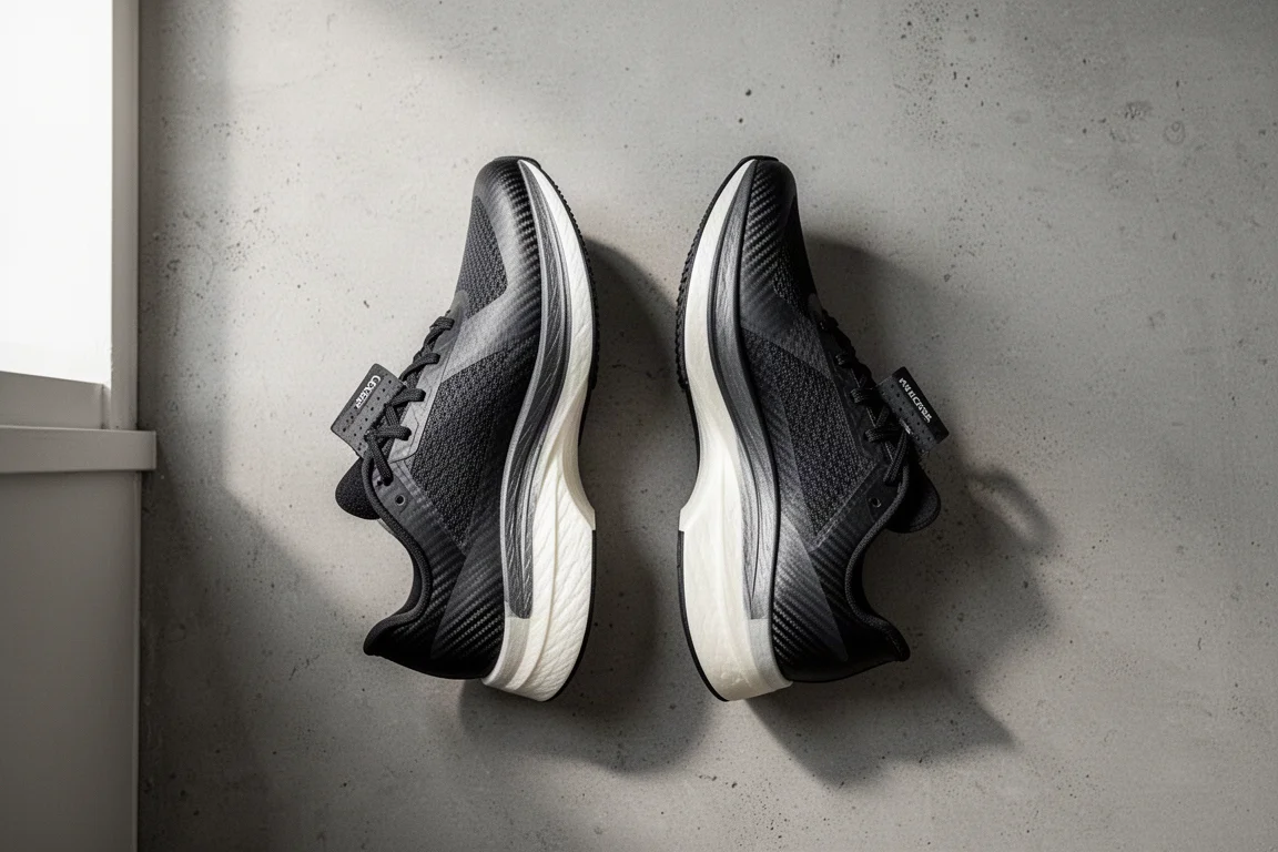 Two carbon racing shoes side by side showing different stack heights