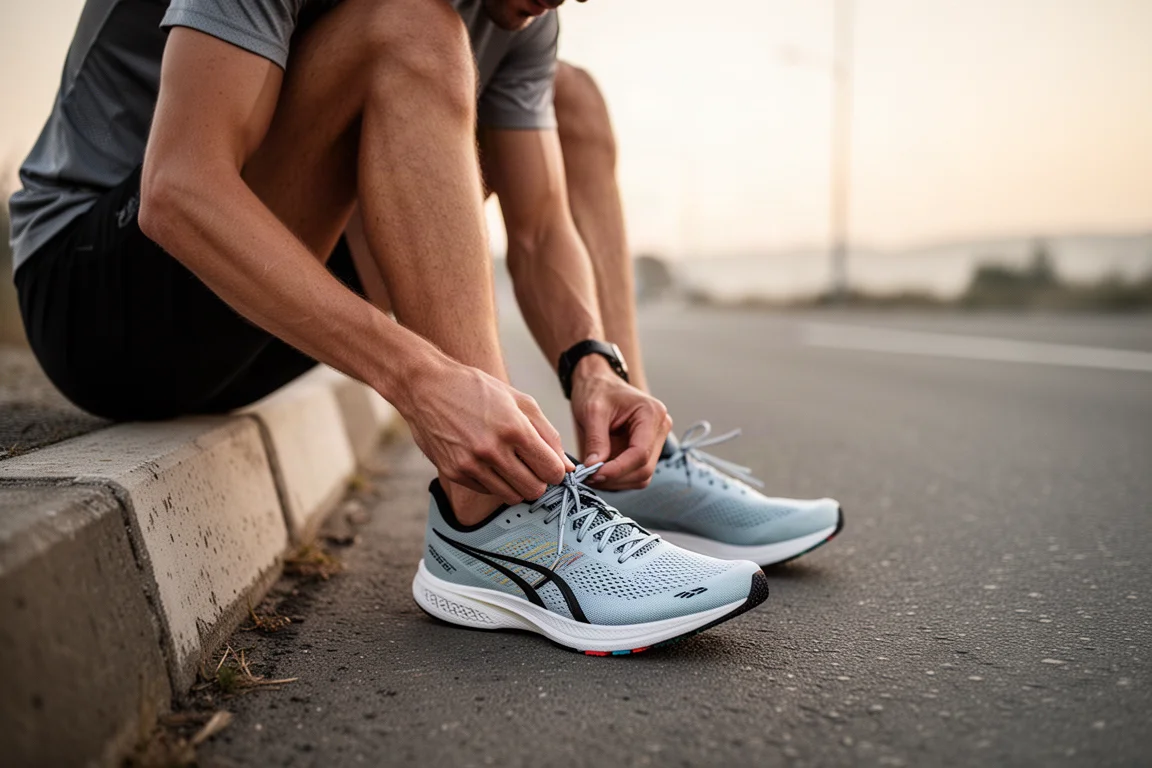 Runner lacing up a racing shoe on a road before a workout