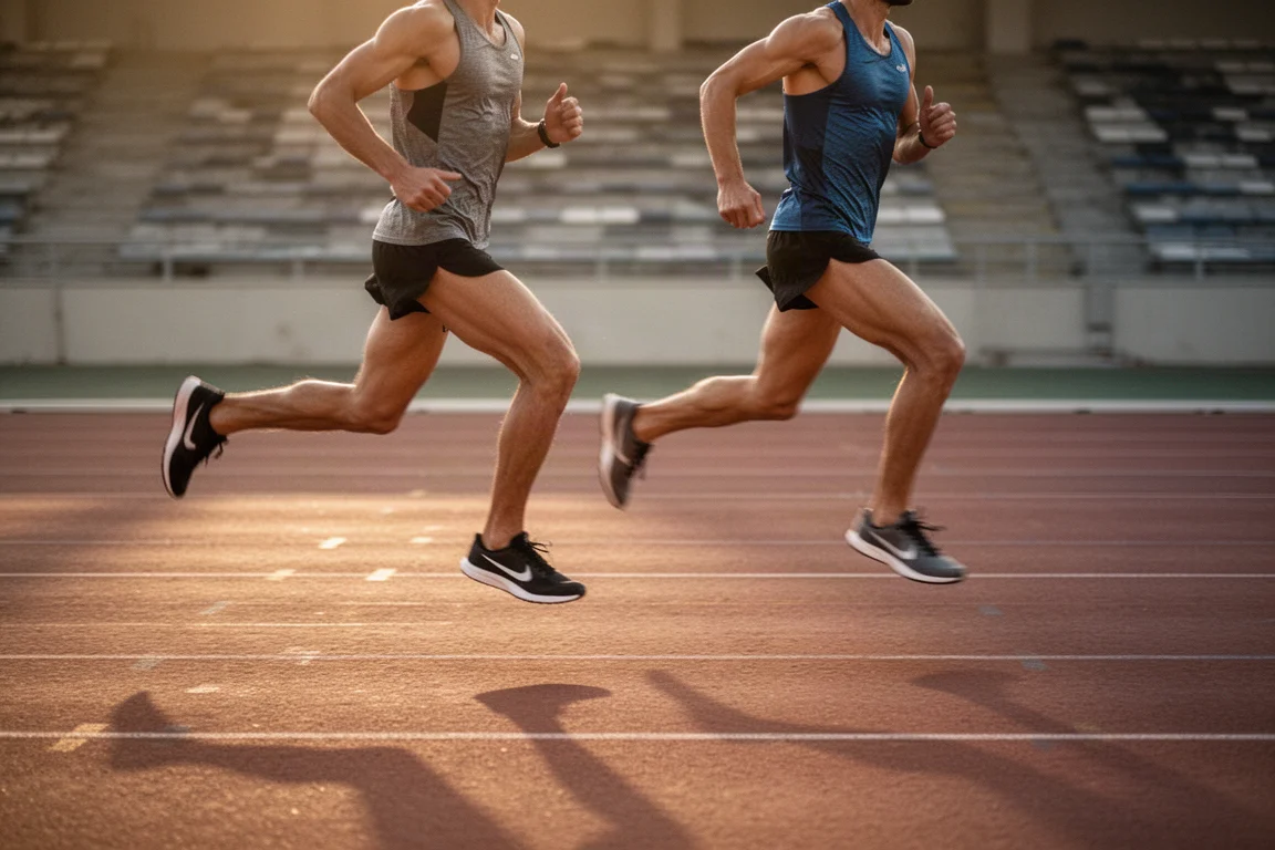 Runners racing on a track in the soft evening light