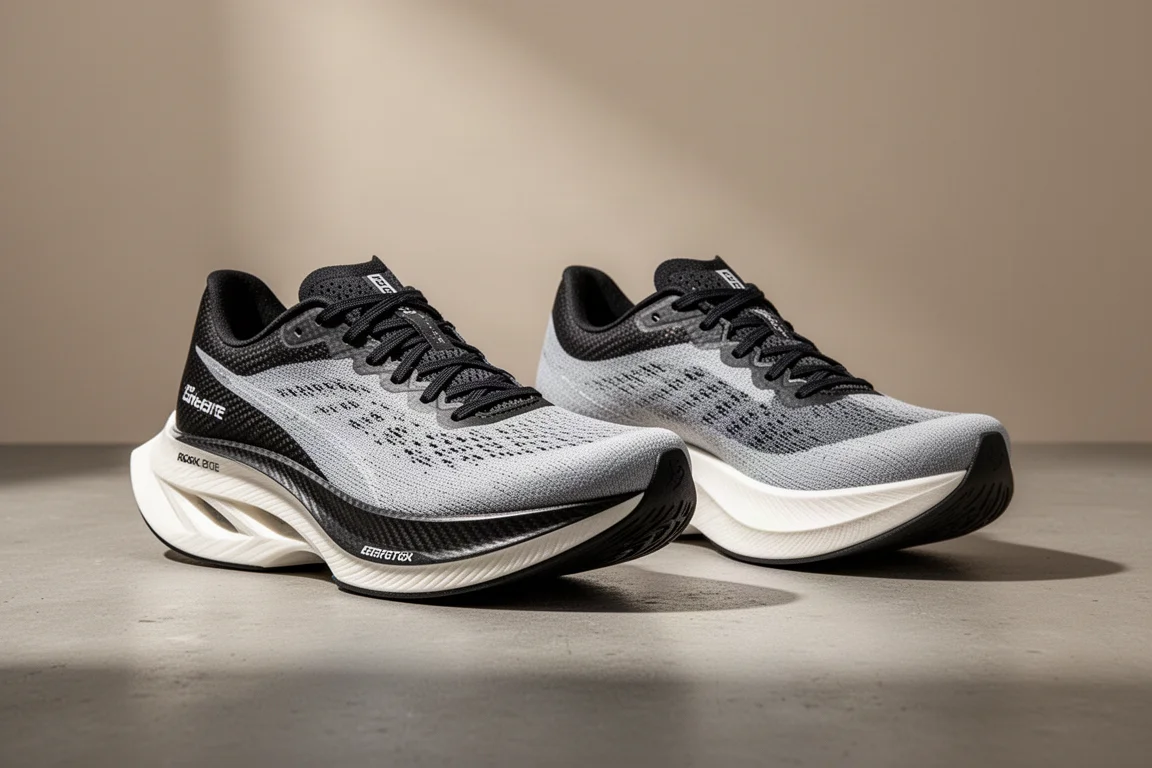 Two carbon racing shoes side by side on concrete