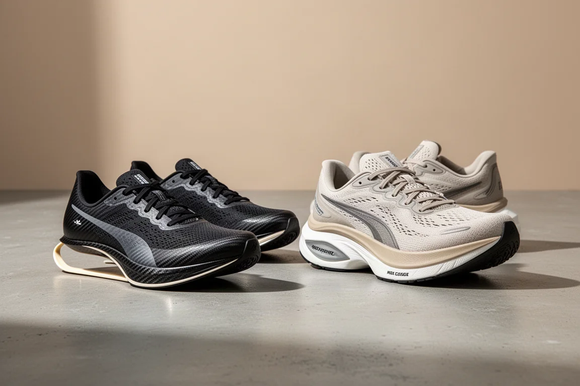 Two pairs of carbon-plated marathon racing shoes side by side on a concrete surface