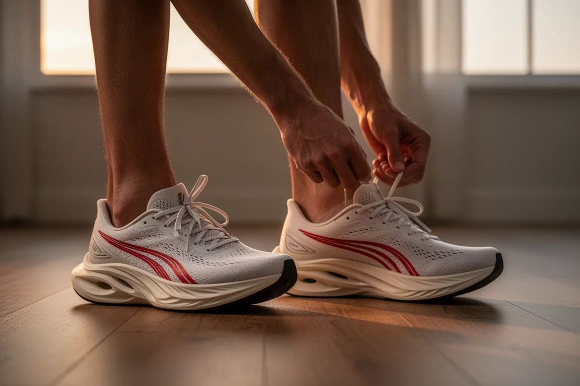 Biegacz wiążący parę butów do maratonu przed porannym treningiem