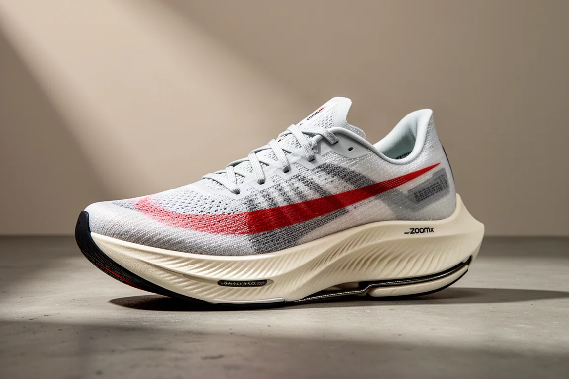Nike Vaporfly Next% 3 marathon racing shoe with off-white midsole and red stripe on concrete