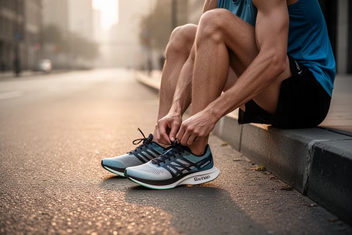 Coureur attachant ses chaussures de course légères à plaque carbone avant un marathon sur route