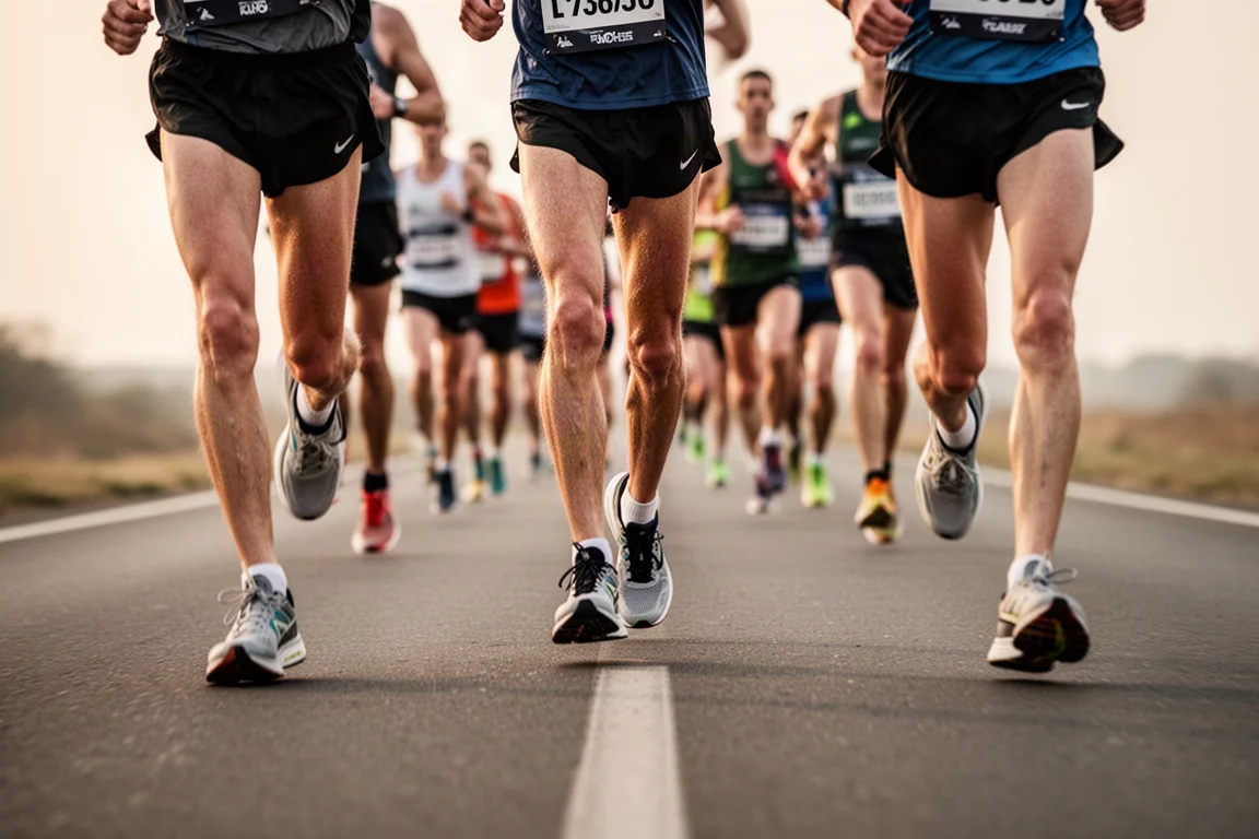 Coureurs sur une longue route pendant les derniers kilomètres d'un marathon