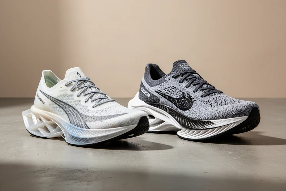 Due scarpe da gara da maratona con piastra in carbonio affiancate su una superficie in cemento
