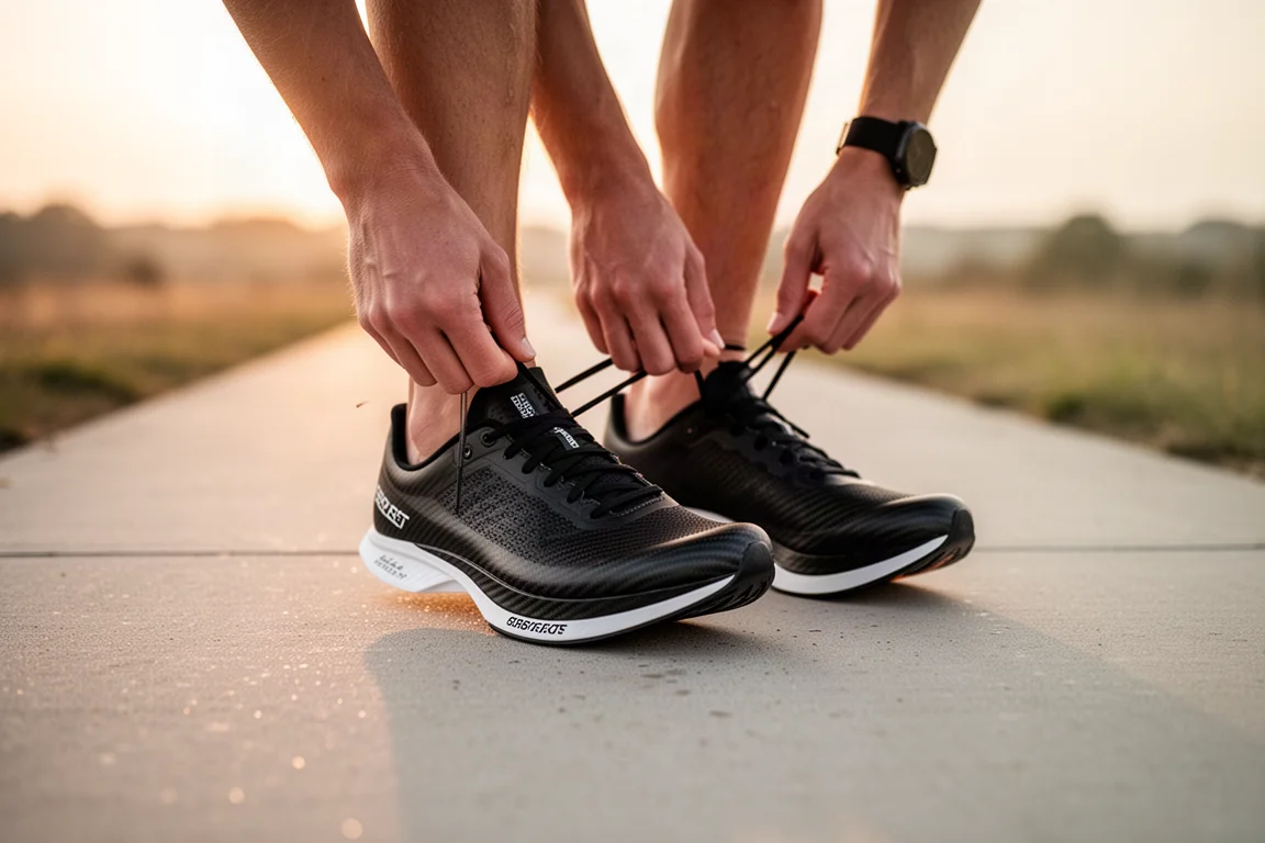Corredor atándose los cordones de zapatos de competición con placa de carbono antes de una carrera al amanecer