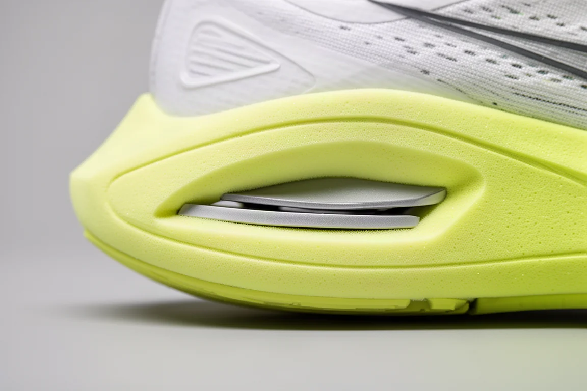 Primer plano de la mediasuela de un zapato mostrando la placa de carbono expuesta en el lado lateral