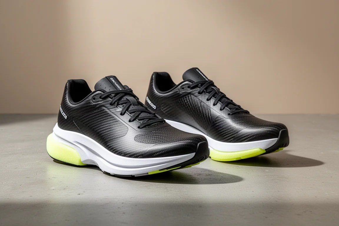 Two carbon-plated road racing shoes on a matte concrete surface