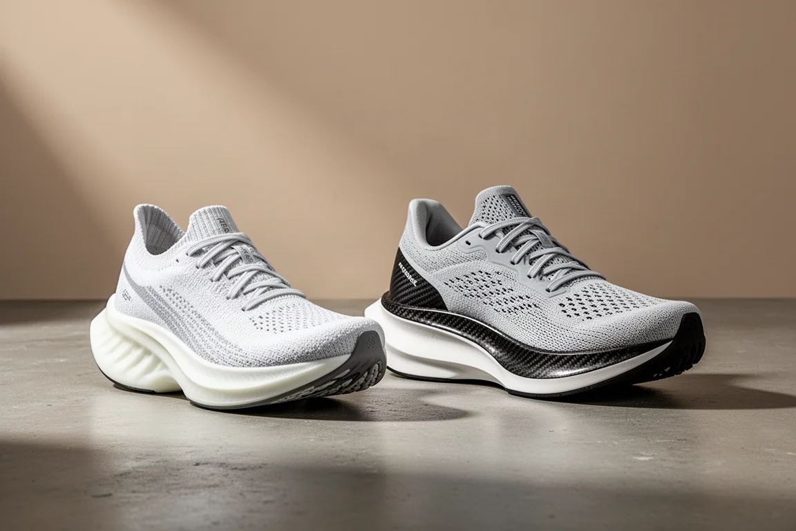 Two tall-stacked racing shoes side by side on a matte concrete surface