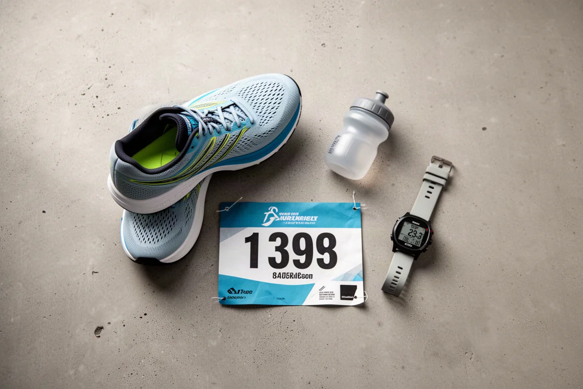 Vue à plat d'une chaussure de running, d'un dossard de course et d'une gourde sur une surface en béton