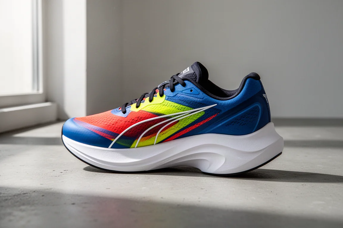 Blue and violet Nike racing shoe on a grey studio backdrop