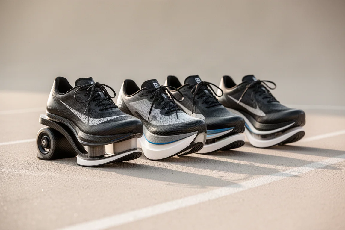 Cuatro zapatillas de competición lado a lado en el borde de una pista con los midsoles apilados visibles