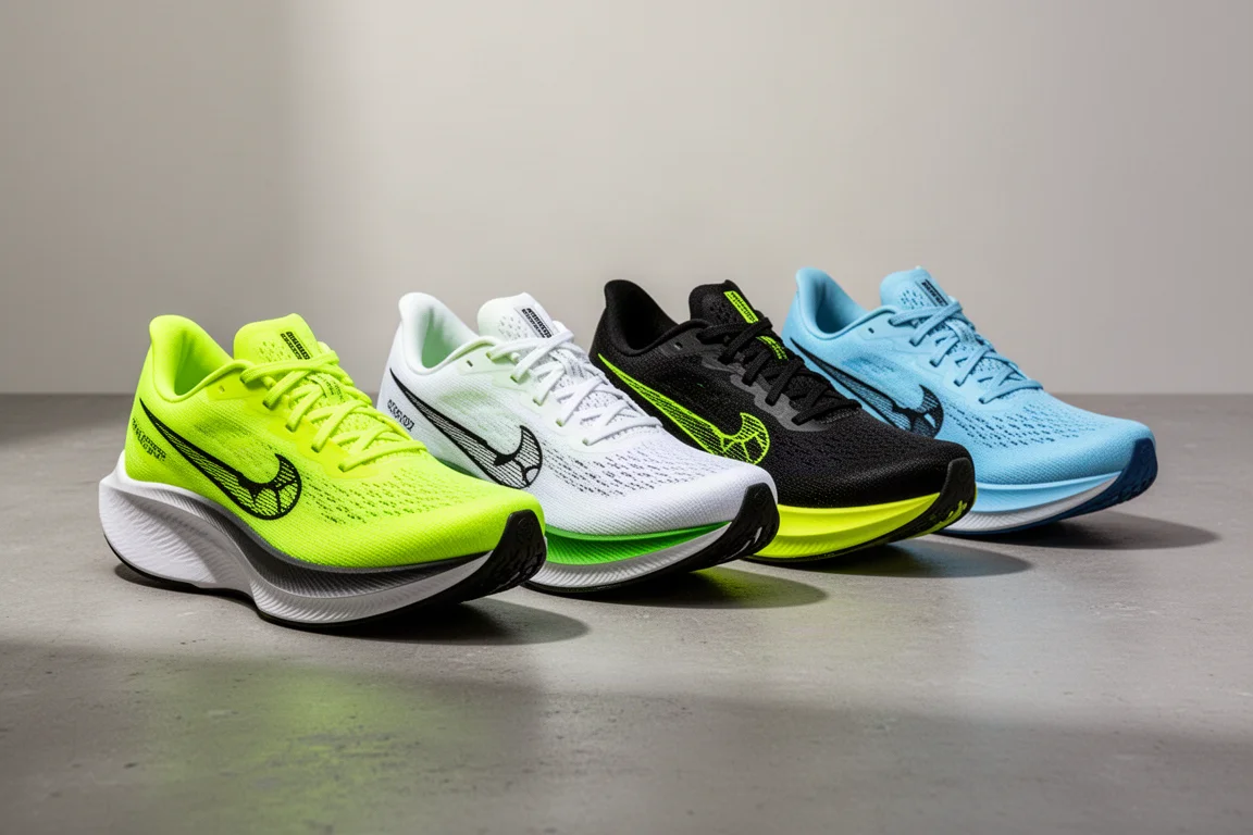 Four carbon-plated marathon racing shoes lined up on a concrete surface