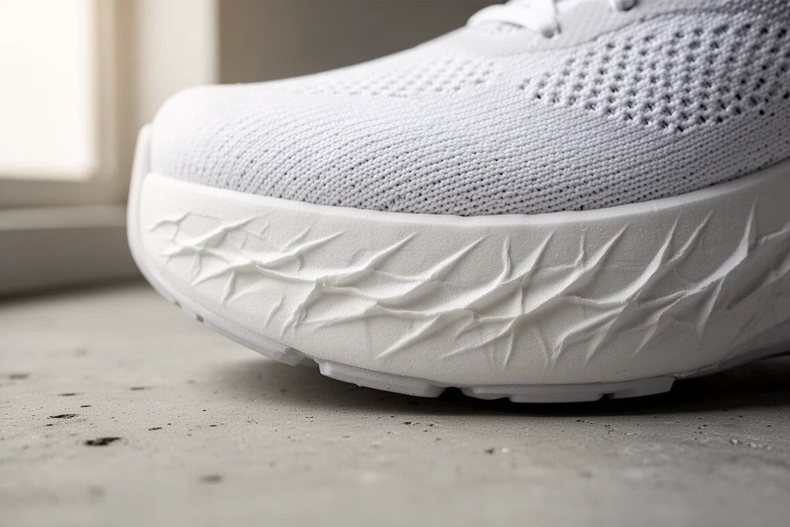 Nahaufnahme der weißen ZoomX-Dämpfungsmittelsohle mit klassischen Knitterfalten an einem Vintage-Rennschuh