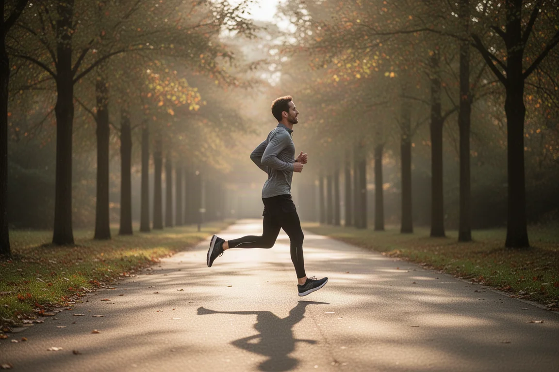 Läufer beendet einen langen lockeren Lauf auf einem baumgesäumten Weg bei sanftem Nachmittagslicht
