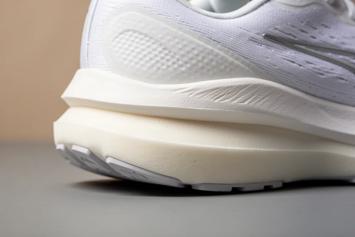Primo piano della schiuma spessa e stratificata della intersuola di una scarpa da running
