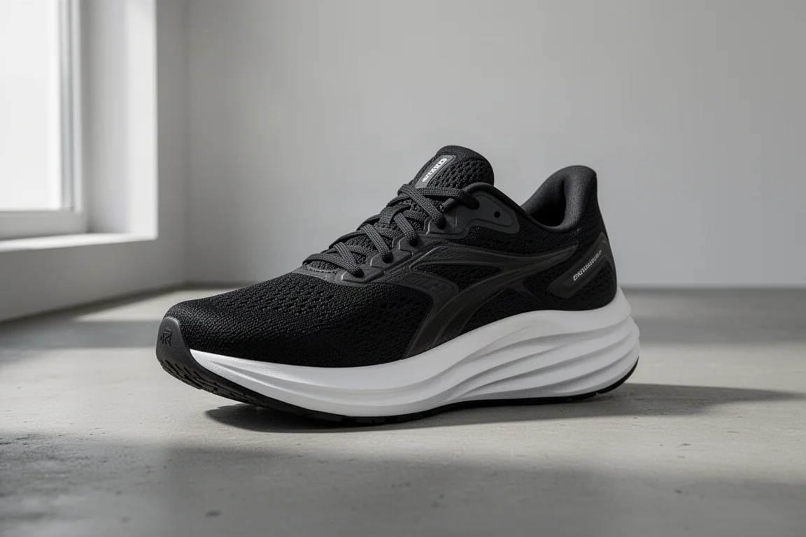 Black Nike Vomero 17 running shoe with thick white midsole on concrete