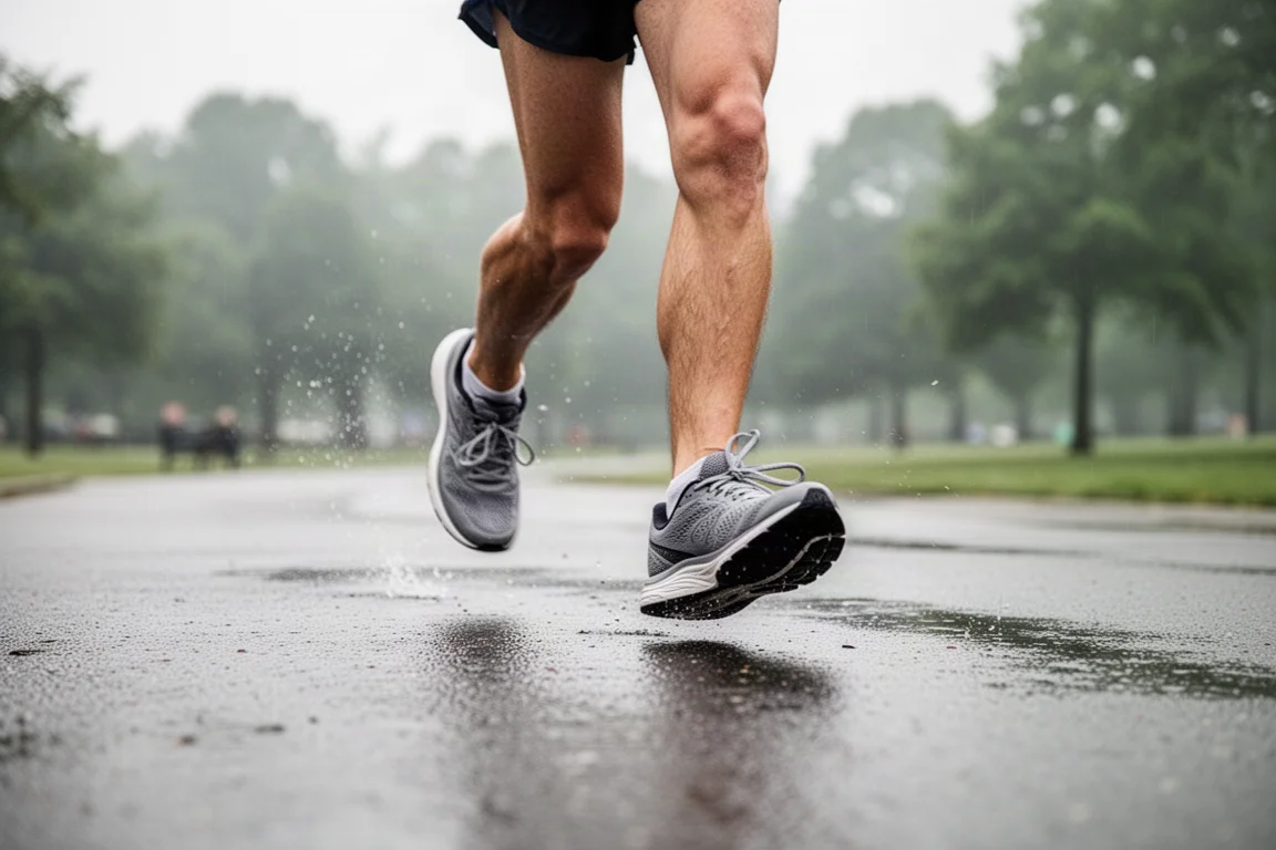 Corredor acumulando kilómetros suaves sobre pavimento mojado con una zapatilla de entrenamiento diaria acolchada