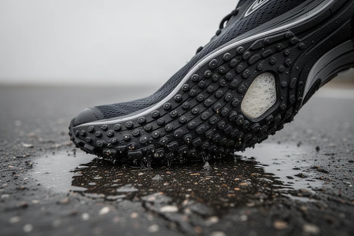 Suela de goma muy tachonada de una zapatilla de running sobre asfalto áspero