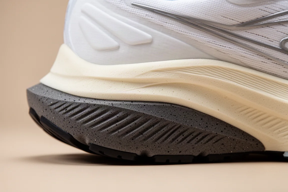 Close-up of a running shoe midsole showing foam compression and flexibility near the forefoot
