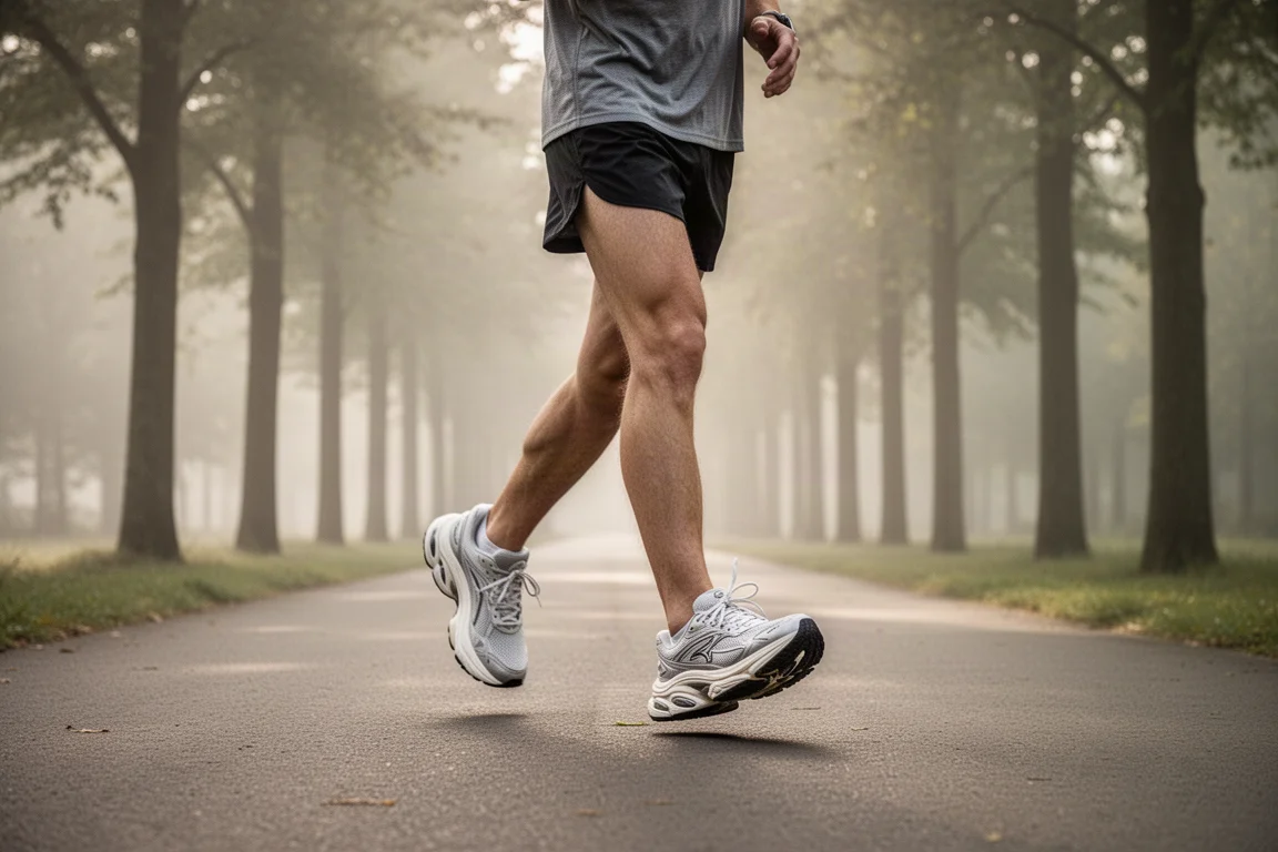 Un corridore cammina con scarpe da running ammortizzate lungo un sentiero di periferia tranquillo con luce soffusa