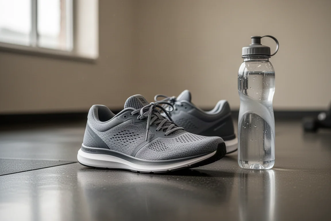 Una scarpa da allenamento quotidiano ammortizzata appoggiata sul pavimento della palestra accanto a una borraccia dopo una corsa leggera